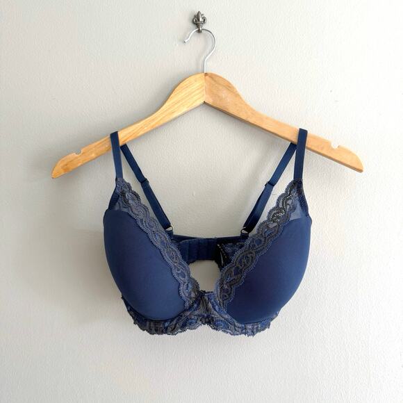 Natori Bra 32DD Feathers Plunge T Shirt Navy Gray Underwire Lace 730023 - Picture 13 of 13